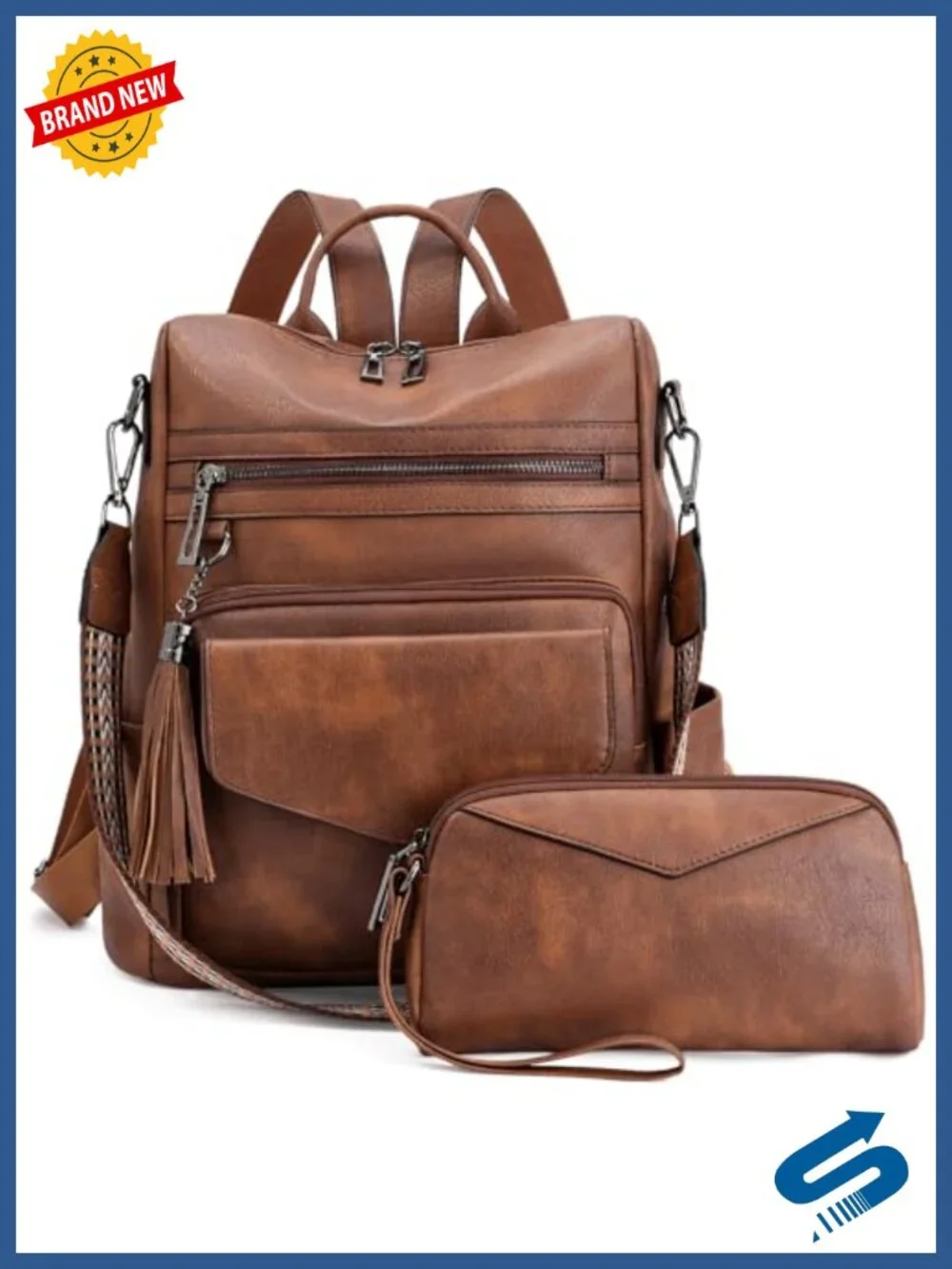 Faux Leather Fashion Backpack Purse Convertible Shoulder Bag with Wristlet